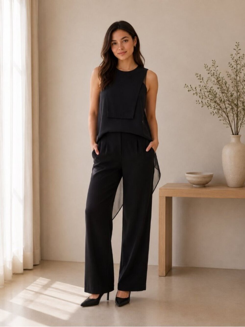 BCBGMaxAzria Black Overlay Wide Leg Jumpsuit Cutout Back Size 2 0381